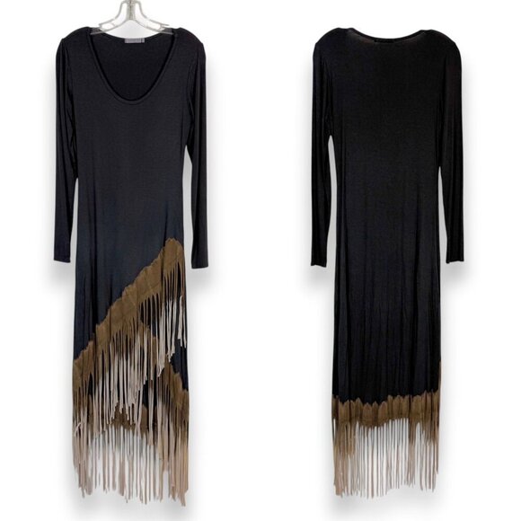 Boutique Black Fringe Maxi Long Dress boho Festival Y2K Small - Picture 1 of 9